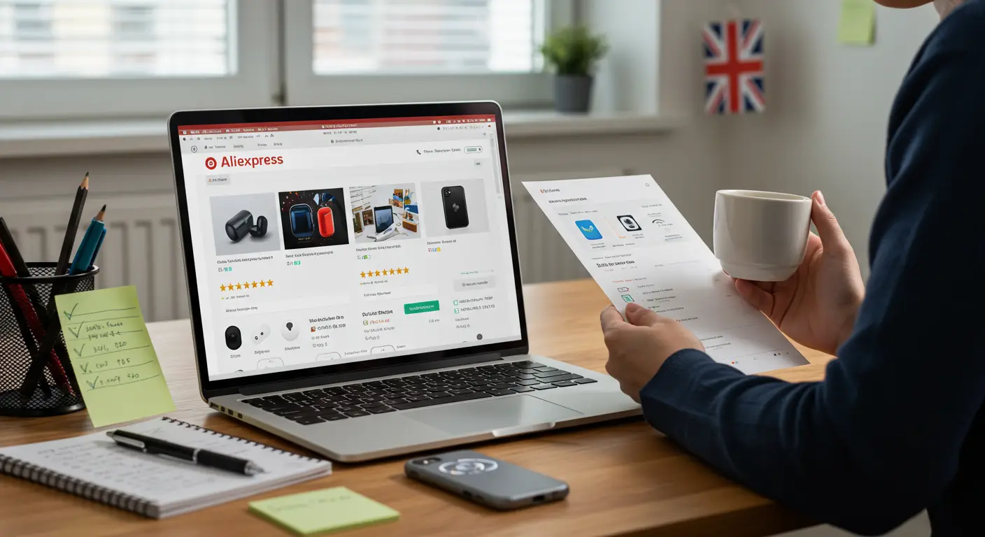 A laptop screen displays AliExpress product listings side by side, with features, prices, and customer ratings highlighted for easy comparison.