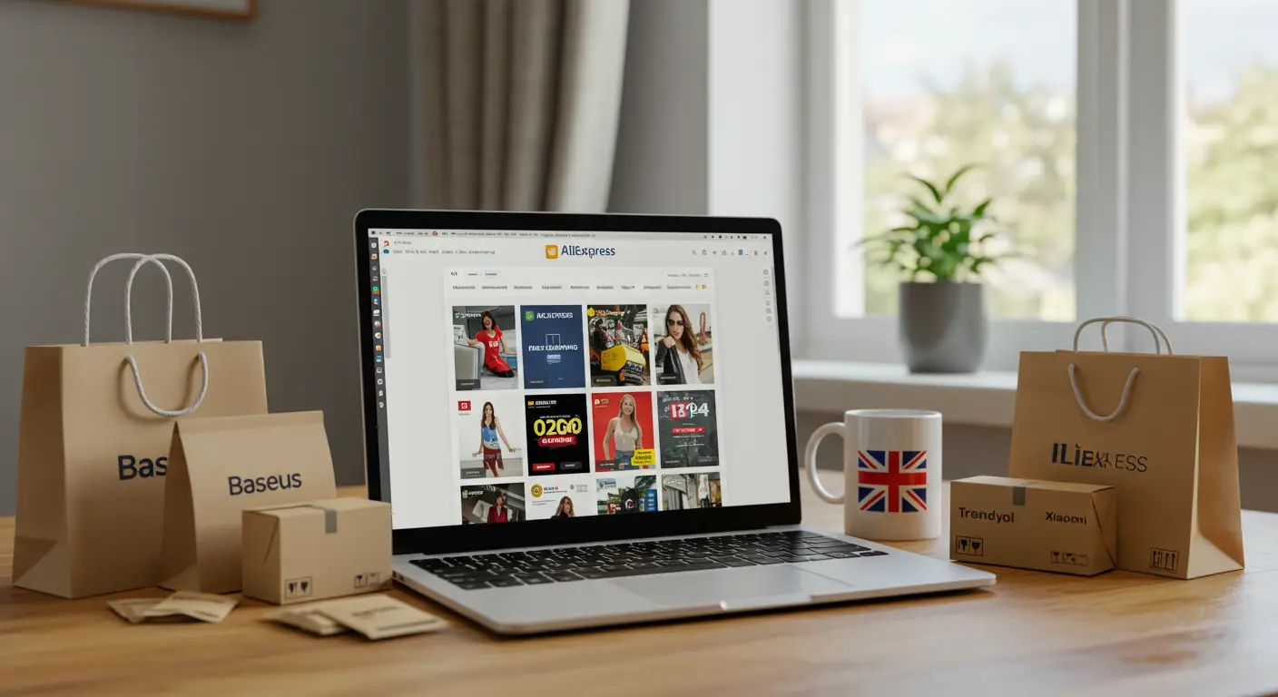 A laptop screen displays the AliExpress homepage, highlighting a list of top-rated stores offering free shipping to the UK, with shopping carts and parcel icons visible in the background.