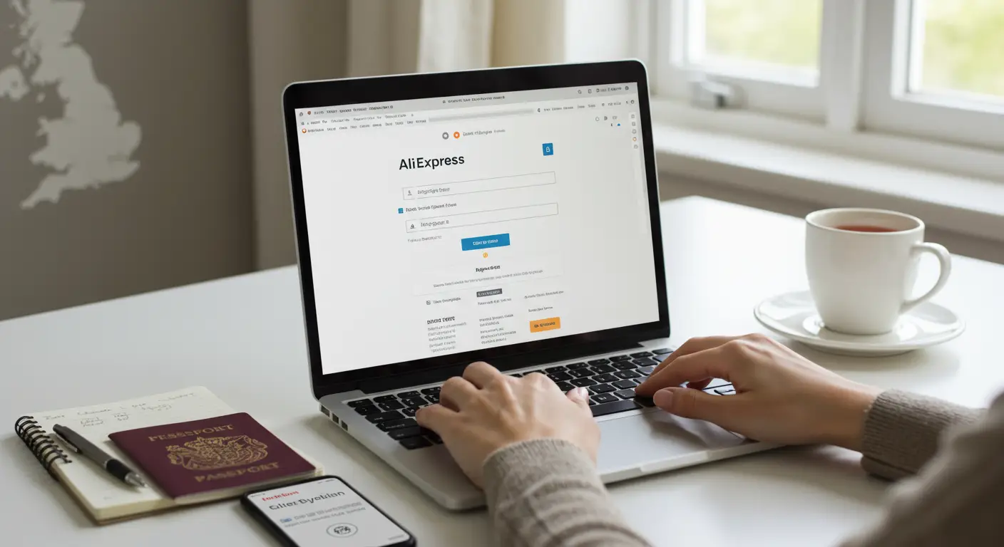 A laptop screen displays the AliExpress homepage, with a user filling out the sign-up form to create a new account, highlighting the registration process for UK users.