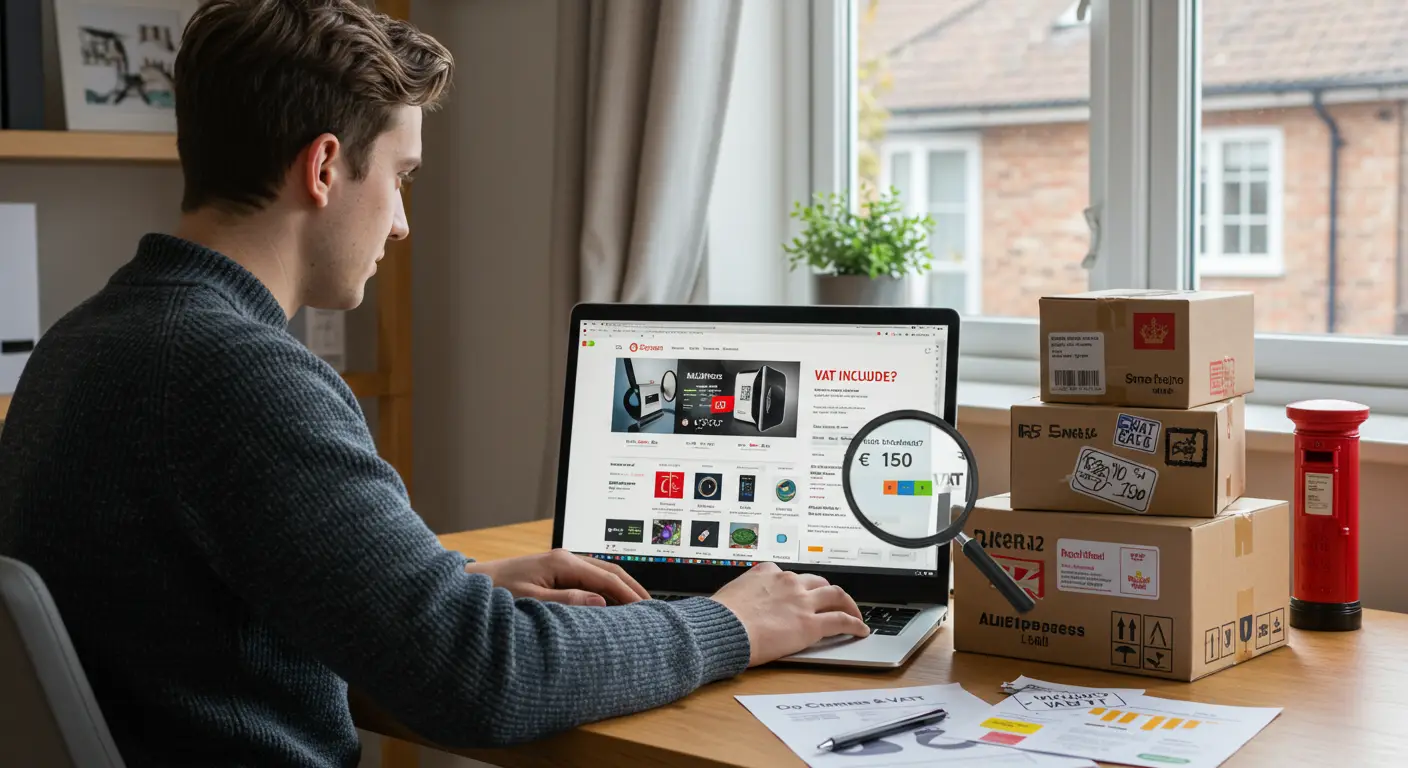 A laptop screen displays the AliExpress homepage, with various affordable items listed under €150, surrounded by shopping bags and a VAT tax document, highlighting the question of VAT charges for UK shoppers.
