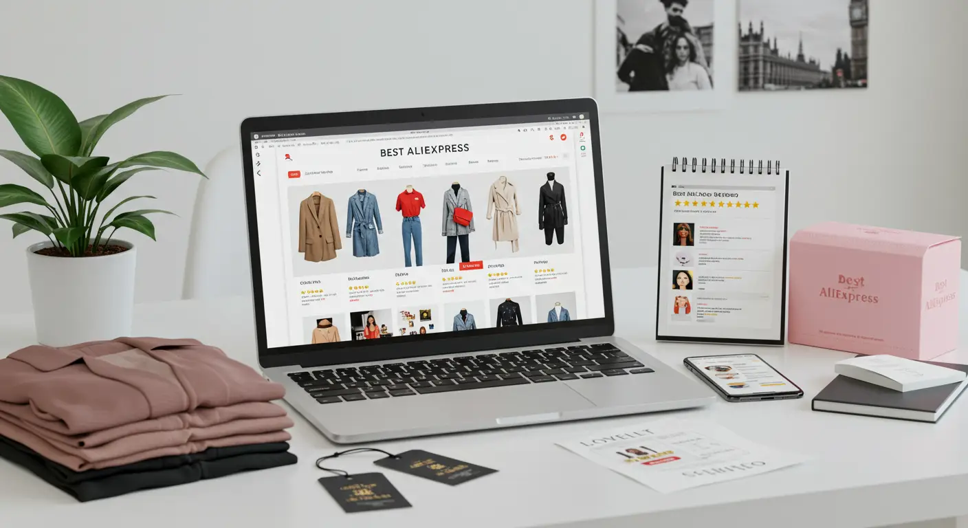 A laptop screen displays the AliExpress website featuring top-rated clothing sellers, with high review scores and trendy fashion items visible.