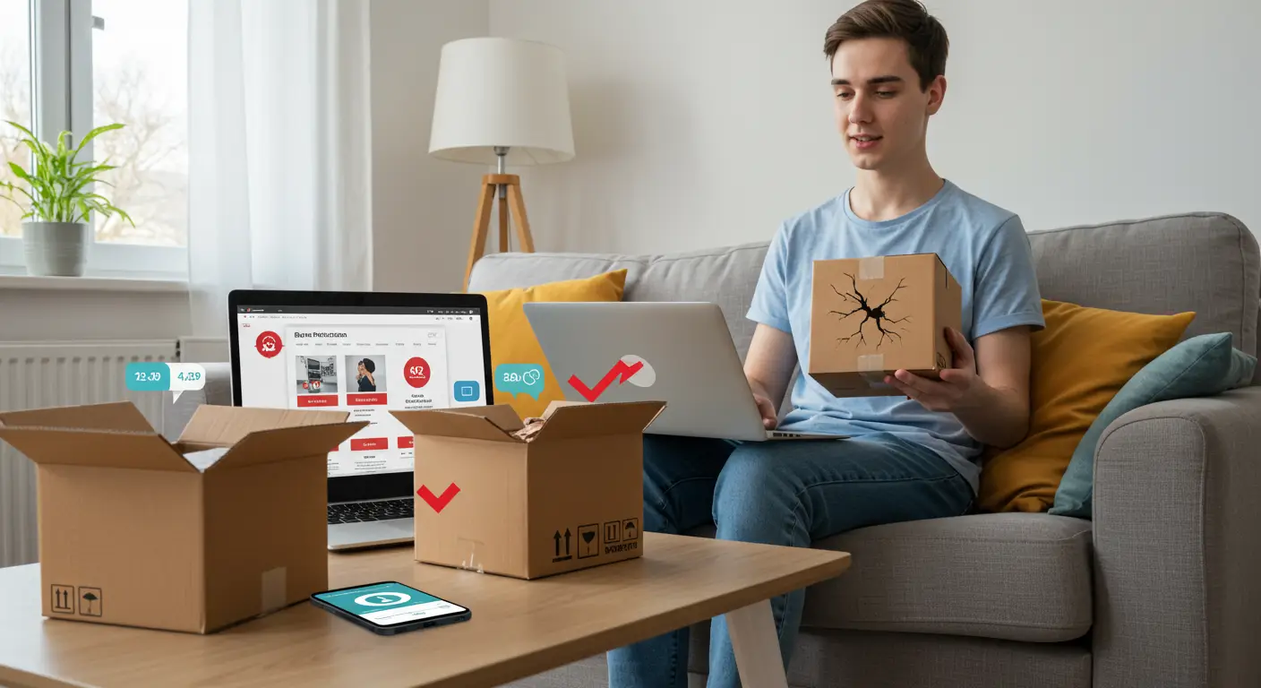 A laptop screen displays the AliExpress website, with a