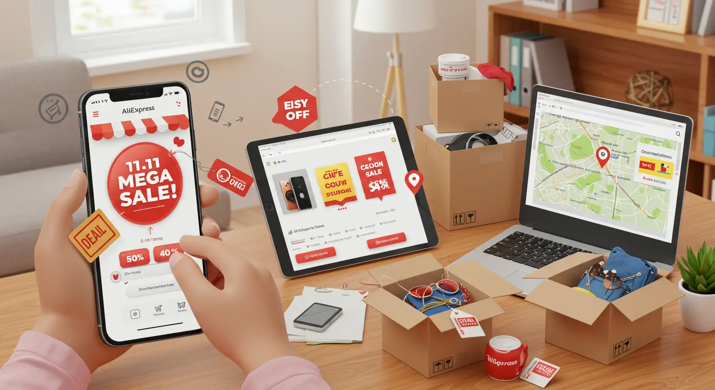 A laptop screen displays the AliExpress website with colourful banners promoting “11.11 Global Shopping Festival 2025” and various discounted products. Shopping bags and a credit card are placed beside the laptop on a wooden table.