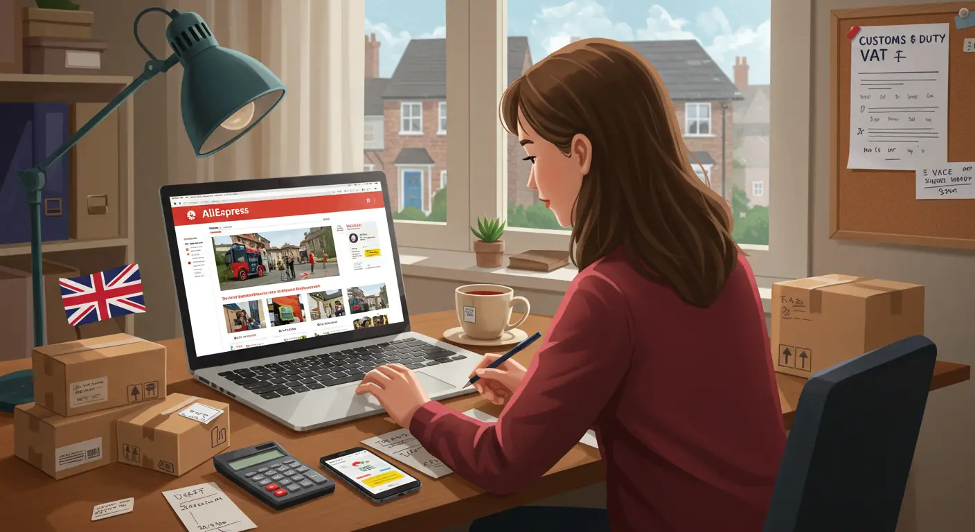 A laptop screen displays the AliExpress website, with shopping items and a calculator beside it, representing calculating customs duty and VAT for UK orders.