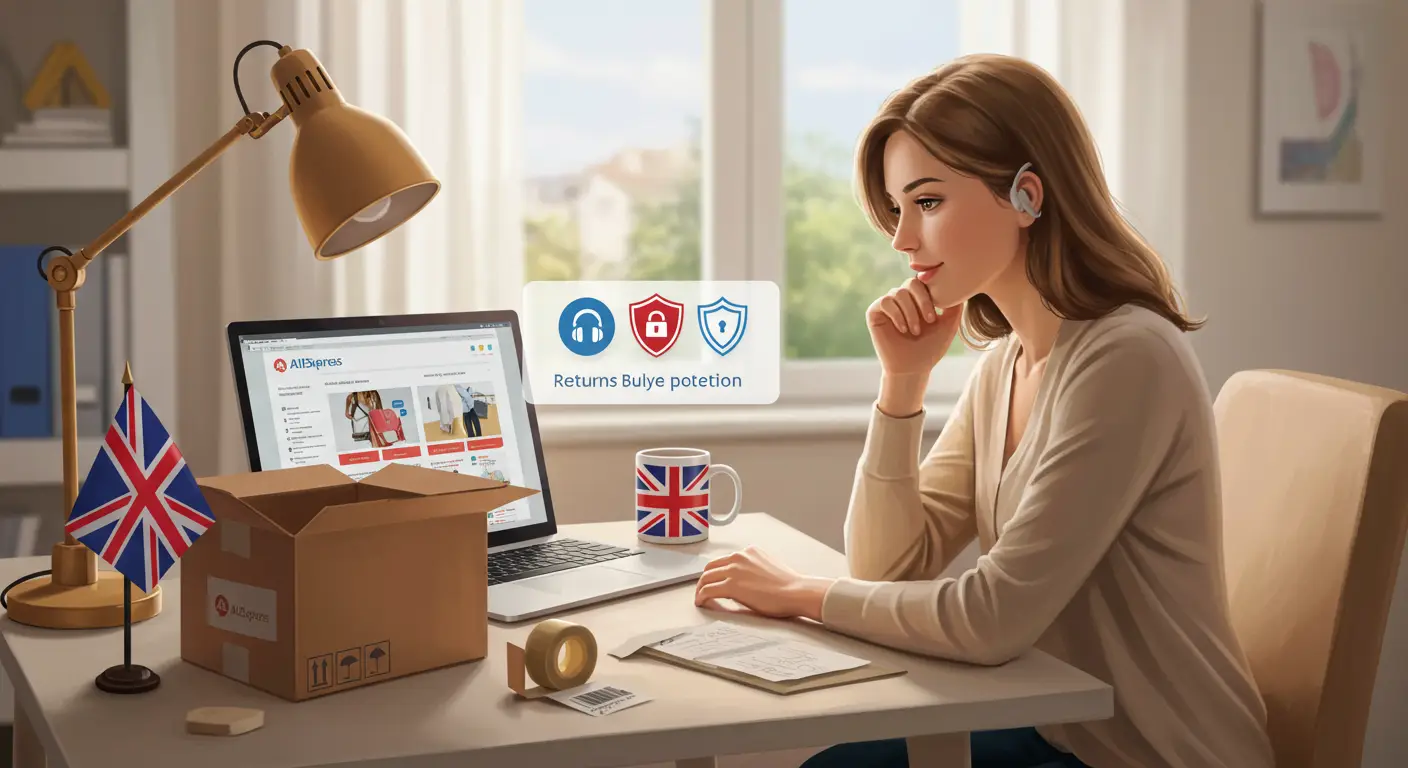 A laptop screen displays the AliExpress website, with the Buyer Protection badge highlighted, as a UK shopper reviews product details and customer ratings.