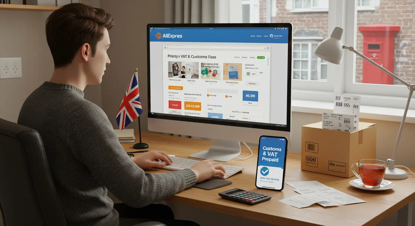 A laptop screen displays the AliExpress website with various products, alongside a UK flag and a tax document, illustrating the concept of prepaying taxes on AliExpress orders shipped to the UK.