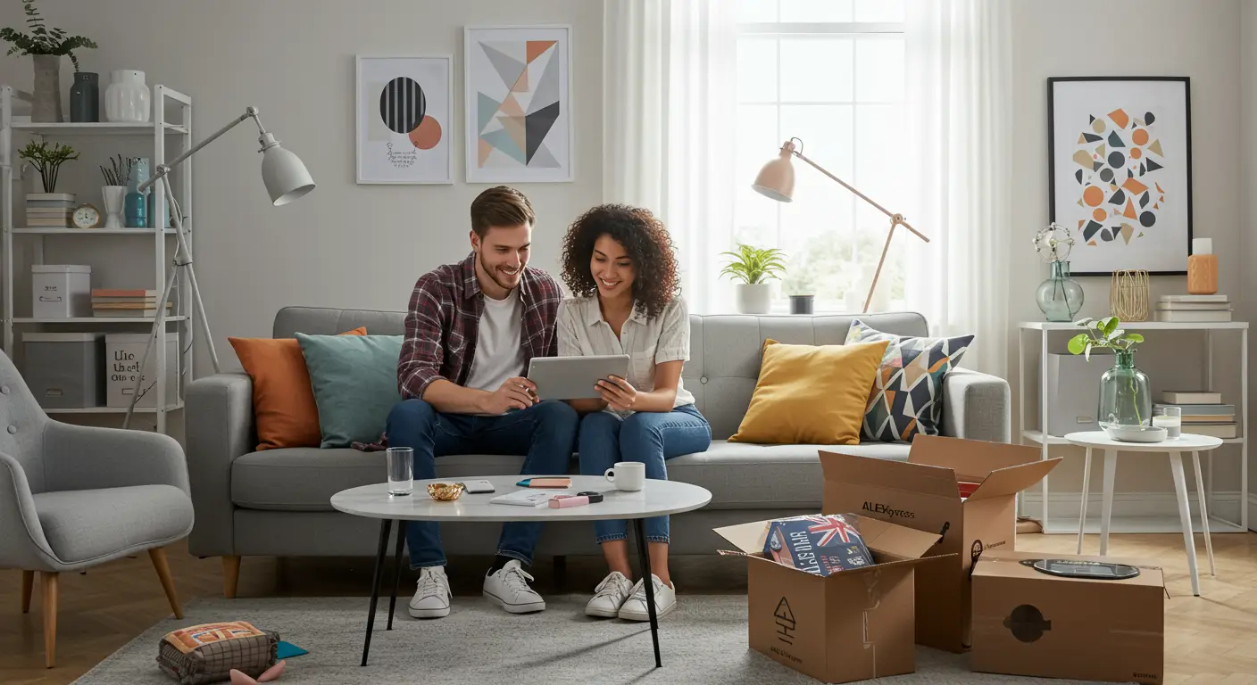 A modern living room with stylish, budget-friendly home decor items, such as cushions, wall art, and vases, displayed alongside an open laptop showing the AliExpress website.