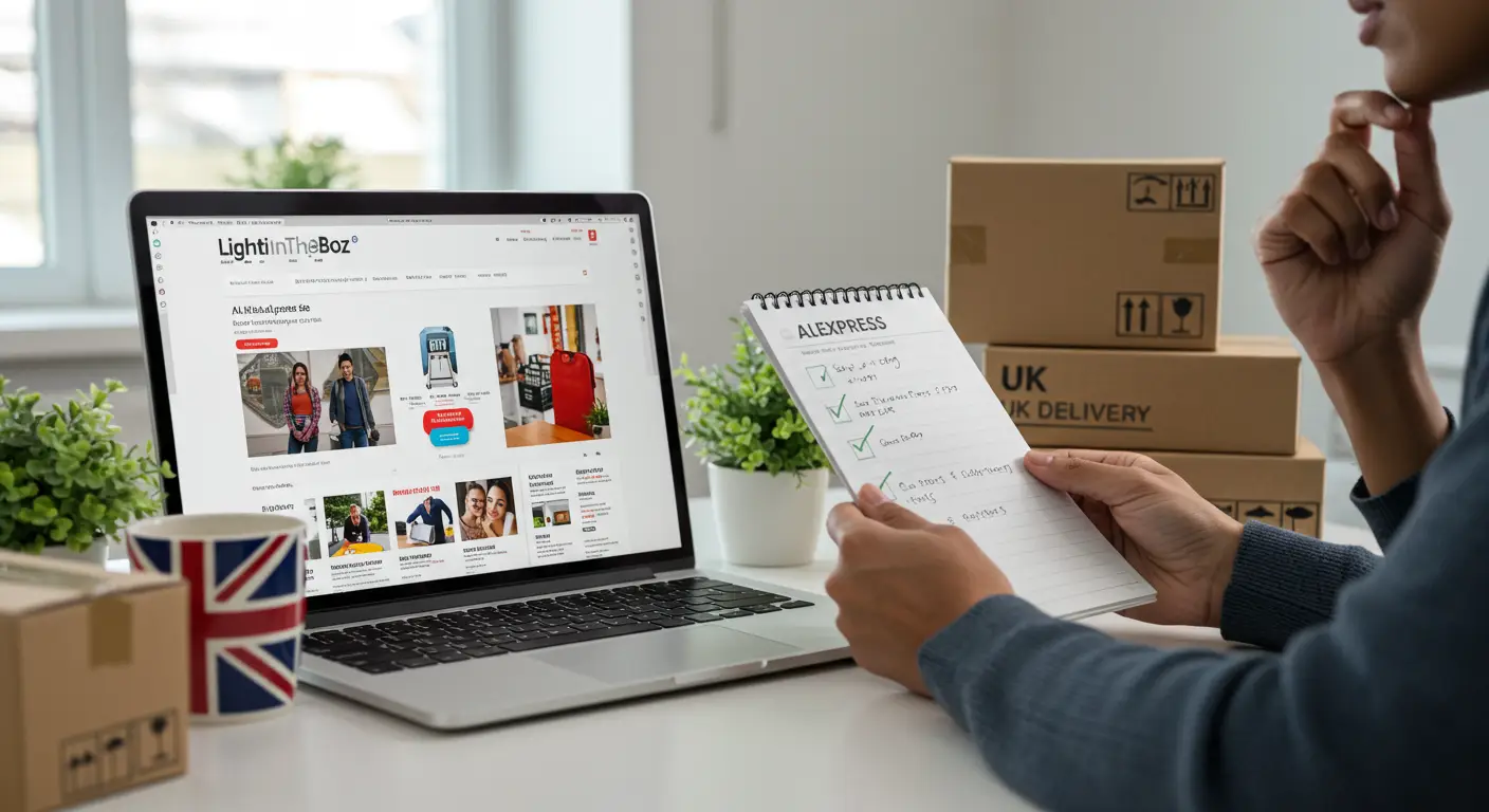 A person browses the LightInTheBox website on a laptop, comparing product options and prices, with a smartphone and shopping bags nearby, highlighting the online shopping experience.