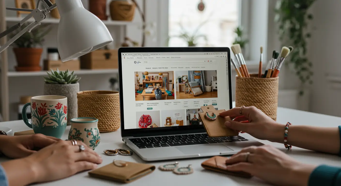 A person browsing a laptop displaying various handmade and artisan products for sale on an online shopping website, with a cup of coffee and notebook nearby.