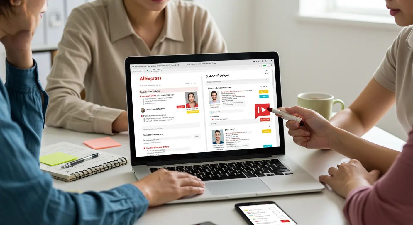 A person browsing Aliexpress on a laptop, closely examining product reviews and star ratings to identify fake feedback.
