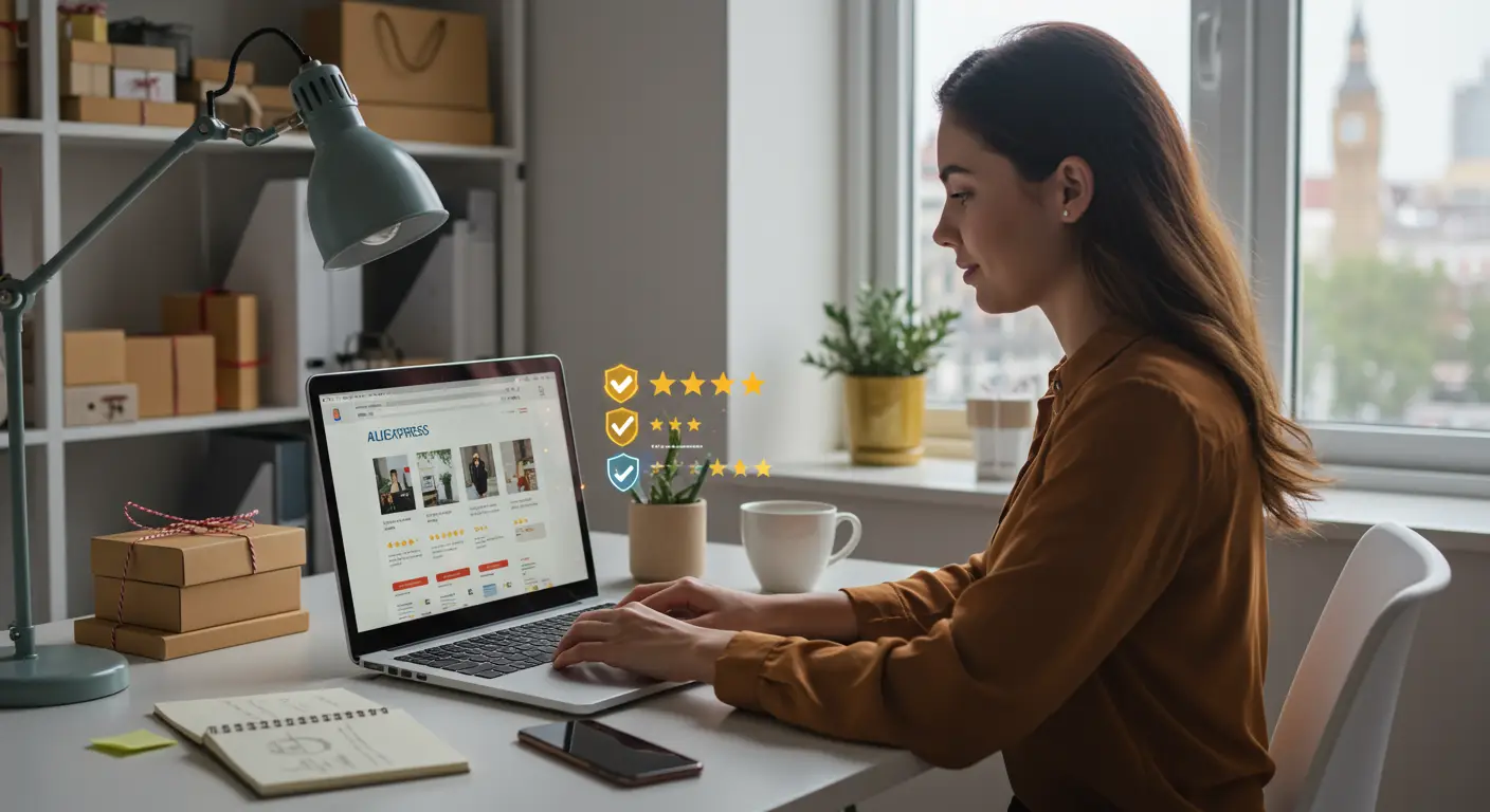 A person browsing Aliexpress on a laptop, comparing seller ratings and reviews to identify a trusted seller for an online purchase.