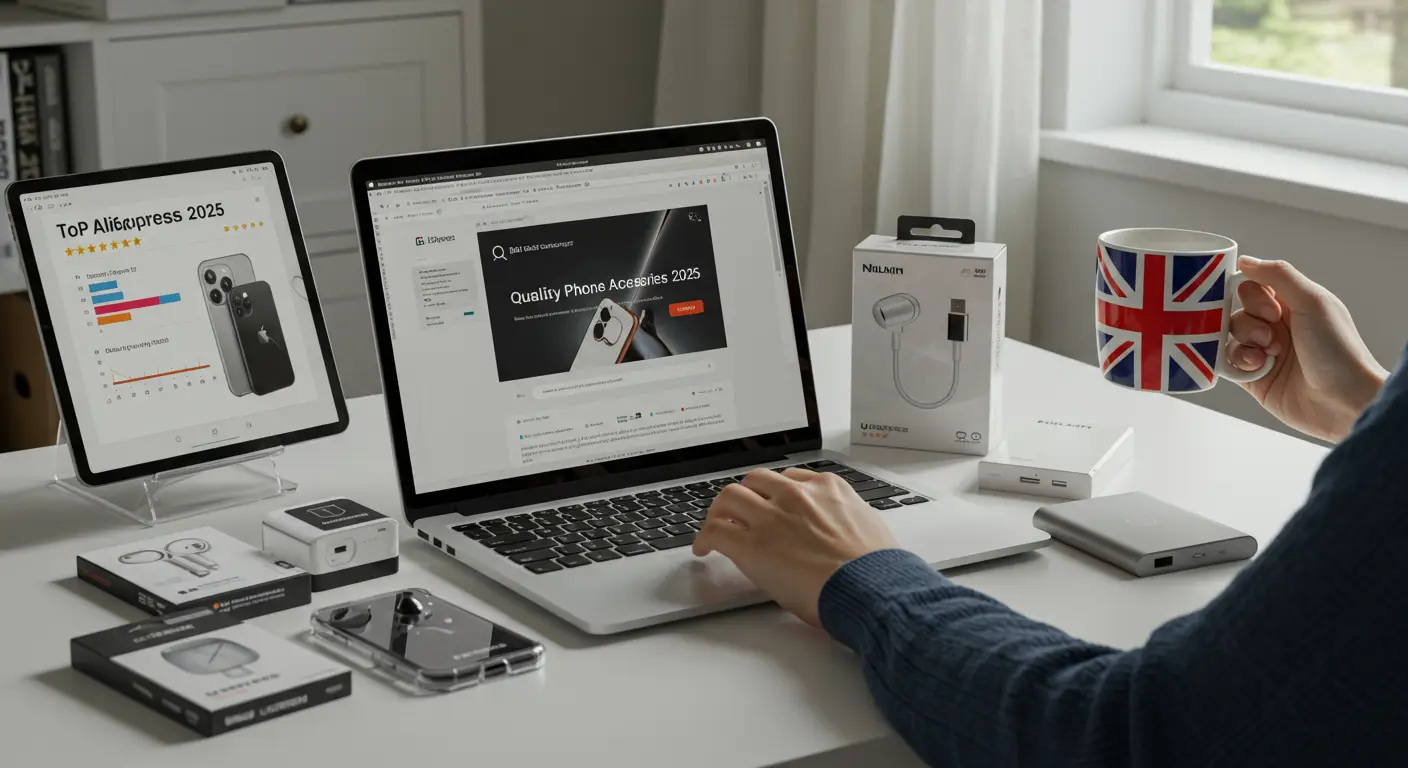 A person browsing AliExpress on a laptop, with various quality phone accessories such as cases, chargers, and earphones displayed on the screen.