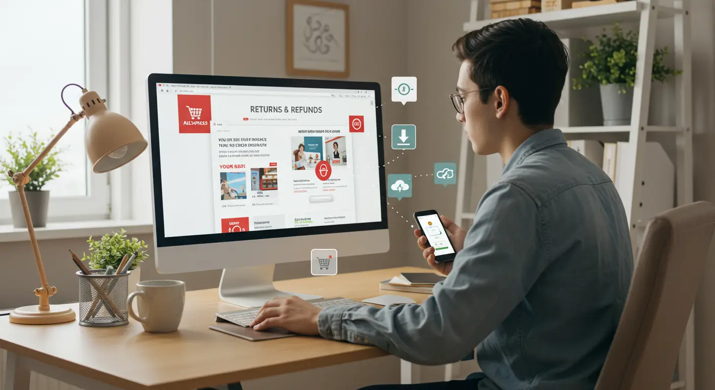 A person browsing digital products on the AliExpress website using a laptop, with refund policy information displayed on the screen.
