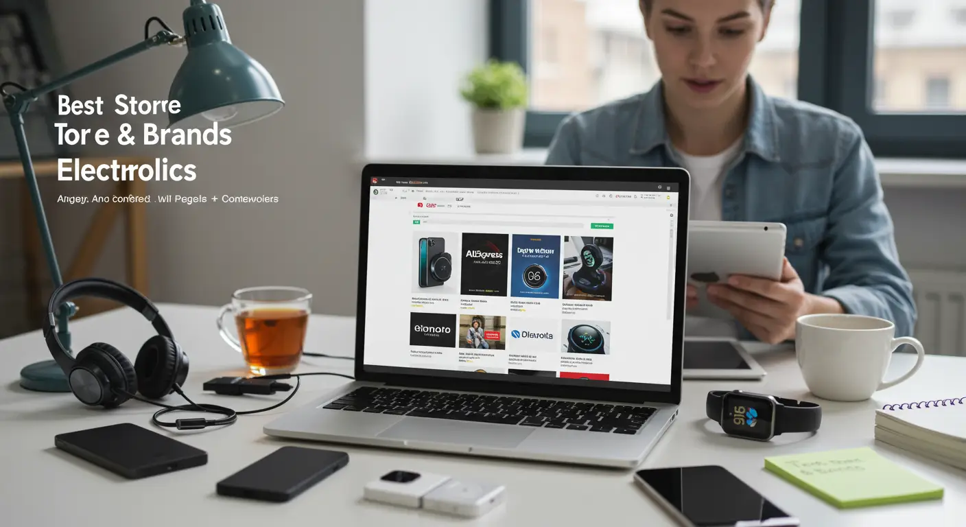 A person browsing electronic gadgets on a laptop, with various tech products like headphones, smartwatches, and smartphones displayed on the screen, representing top AliExpress stores for UK electronics buyers.