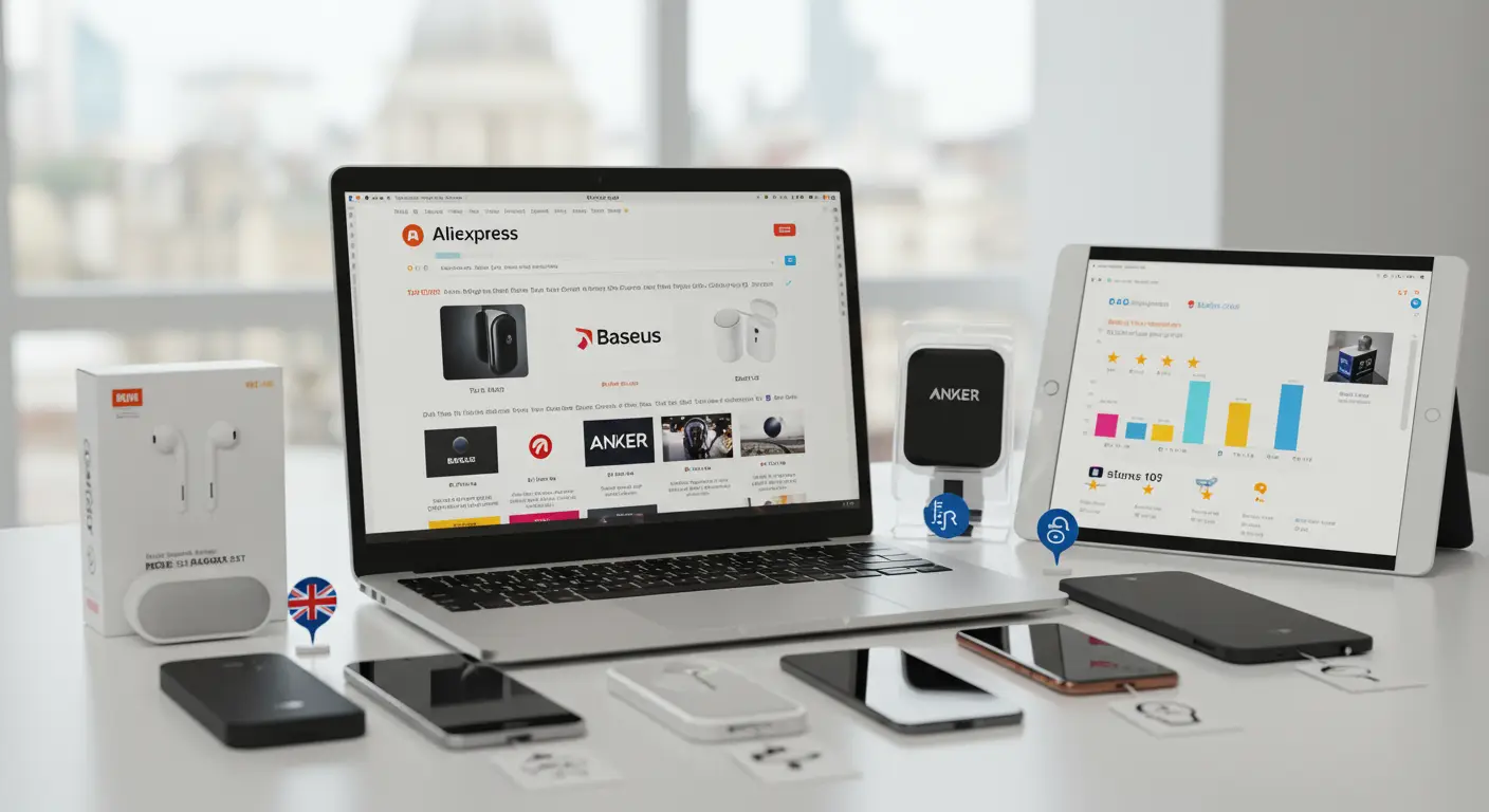 A person browsing electronics on a laptop, surrounded by gadgets and packages with the AliExpress logo, representing online shopping for electronics in the UK.