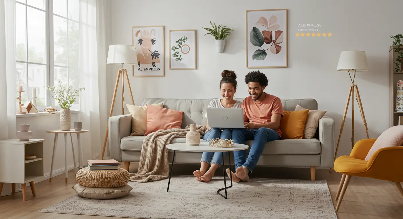 A person browsing stylish and affordable home decor items on a laptop, with decorative cushions, vases, and wall art displayed on the screen, representing top AliExpress stores for budget home decor in 2025.