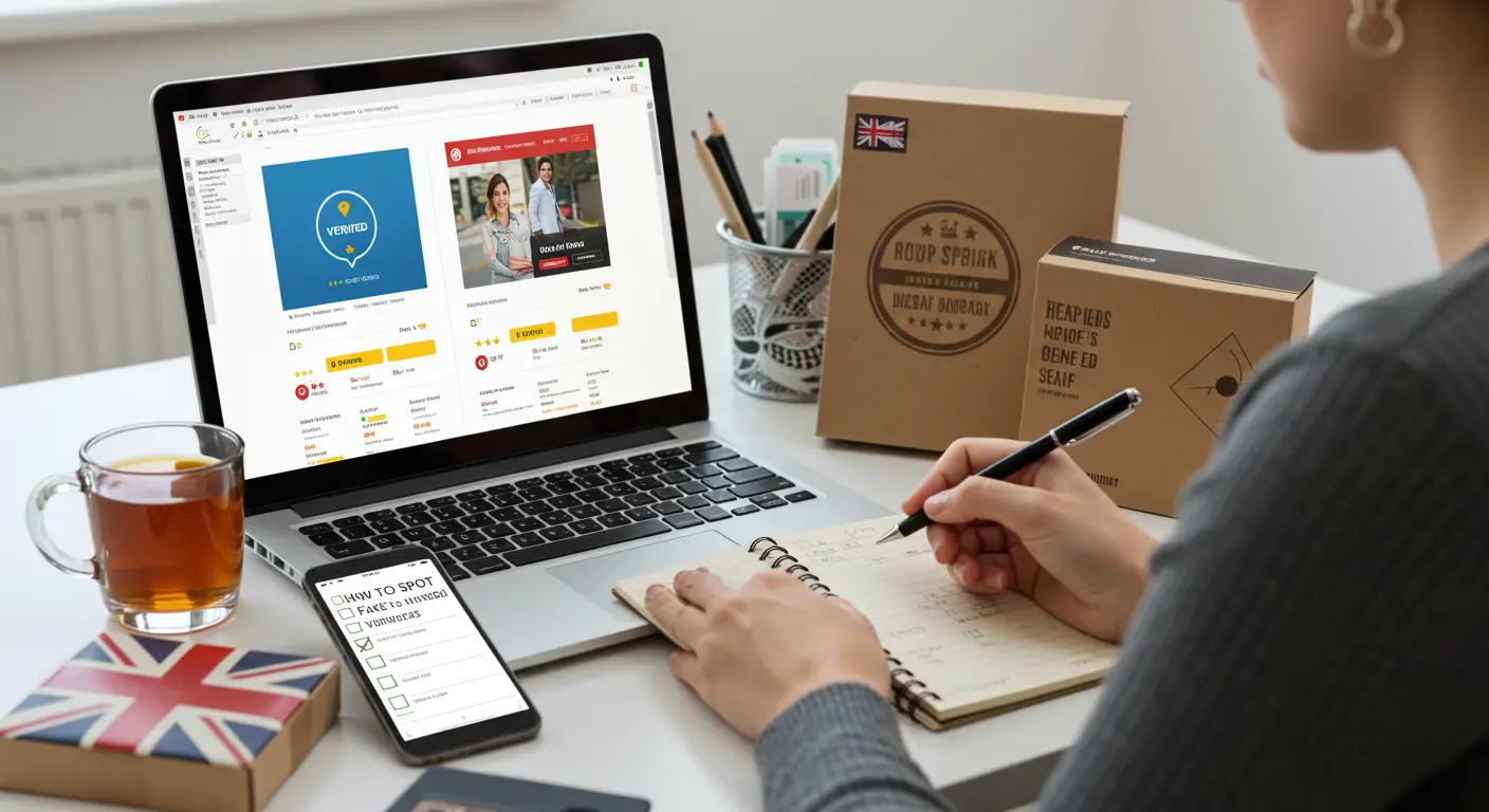 A person browsing the AliExpress website on a laptop, comparing a verified brand badge and a generic product listing to spot authentic versus fake brands.