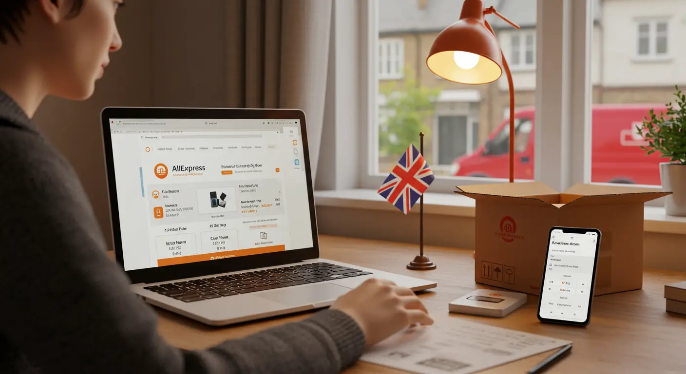 A person browsing the AliExpress website on a laptop, comparing different shipping options for UK delivery, with icons representing fast delivery and customs clearance.