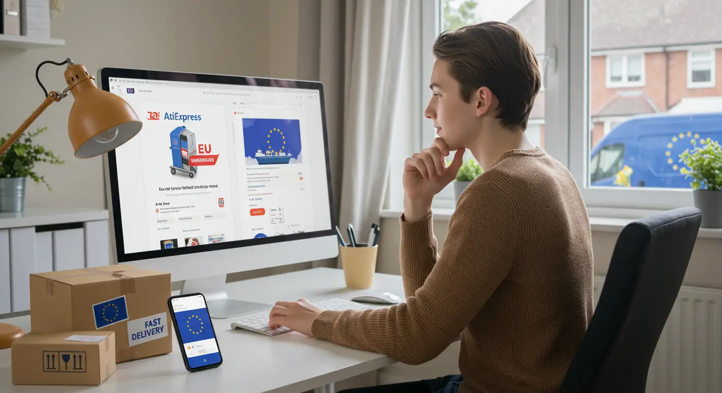 A person browsing the AliExpress website on a laptop, comparing shipping options with an EU warehouse highlighted, suggesting faster delivery times.