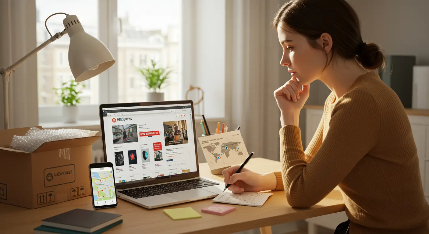 A person browsing the AliExpress website on a laptop, comparing shipping options to the UK, with a shopping cart and delivery icons visible on the screen.