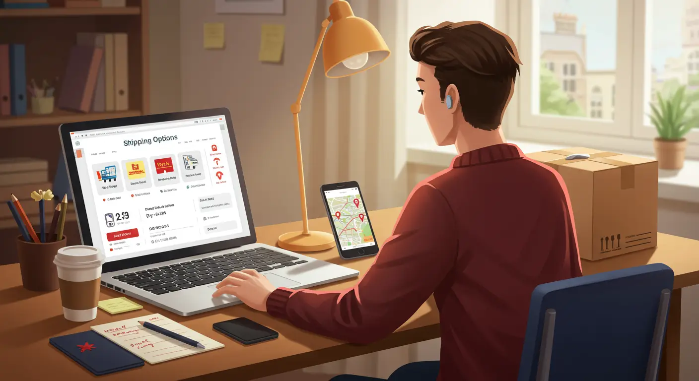 A person browsing the AliExpress website on a laptop, selecting a shipping carrier option during the online checkout process.
