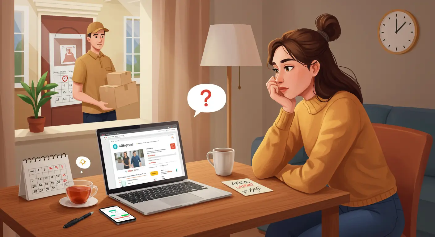 A person browsing the AliExpress website on a laptop, surrounded by shopping bags and a calendar highlighting weekends and holidays.
