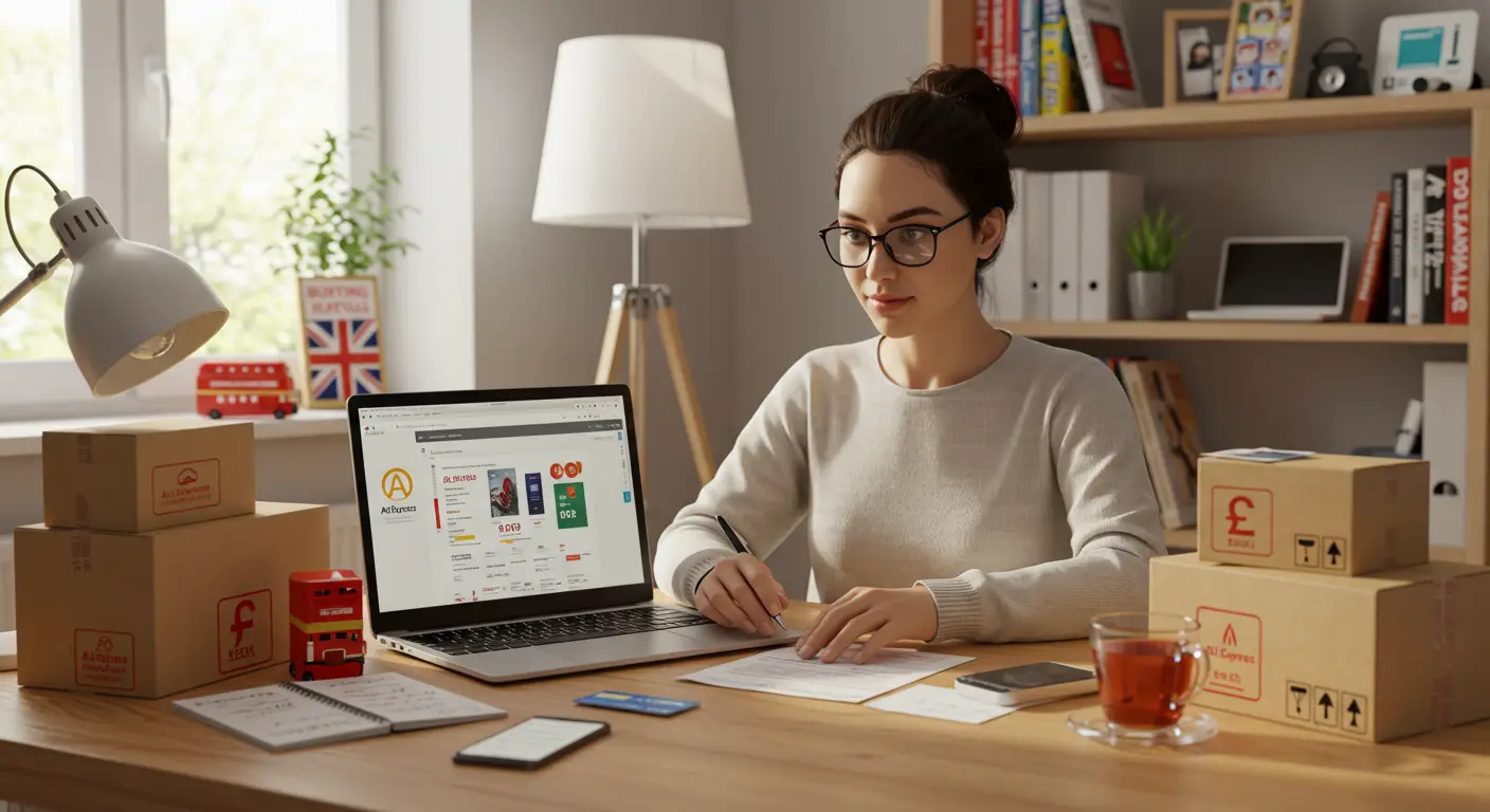 A person browsing the AliExpress website on a laptop, surrounded by shopping bags and a cup of tea, highlighting online shopping tips for UK buyers.