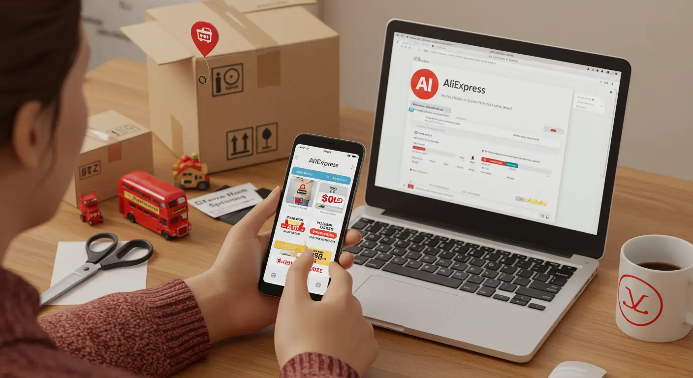 A person browsing the AliExpress website on a laptop, surrounded by shopping bags and a notepad labelled