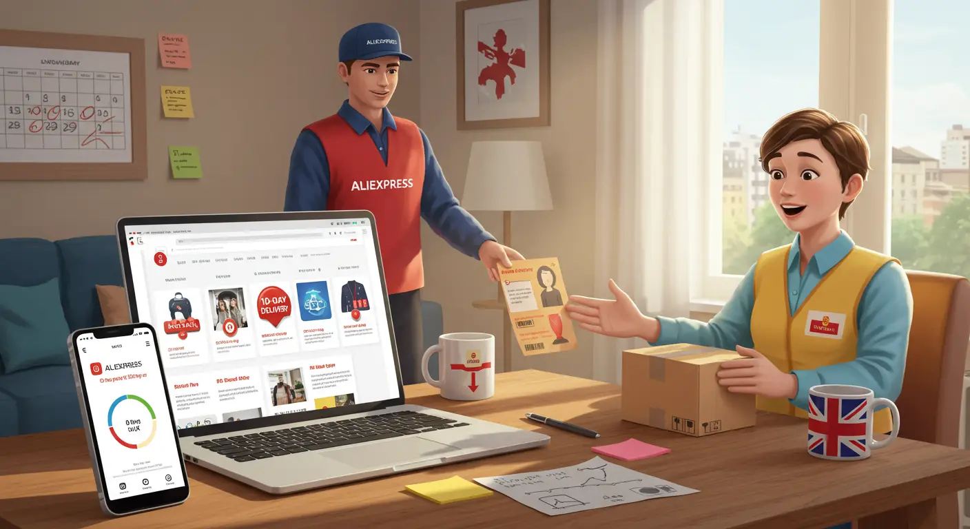 A person browsing the AliExpress website on a laptop, with a calendar showing a 10-day delivery promise and a UK flag in the background.