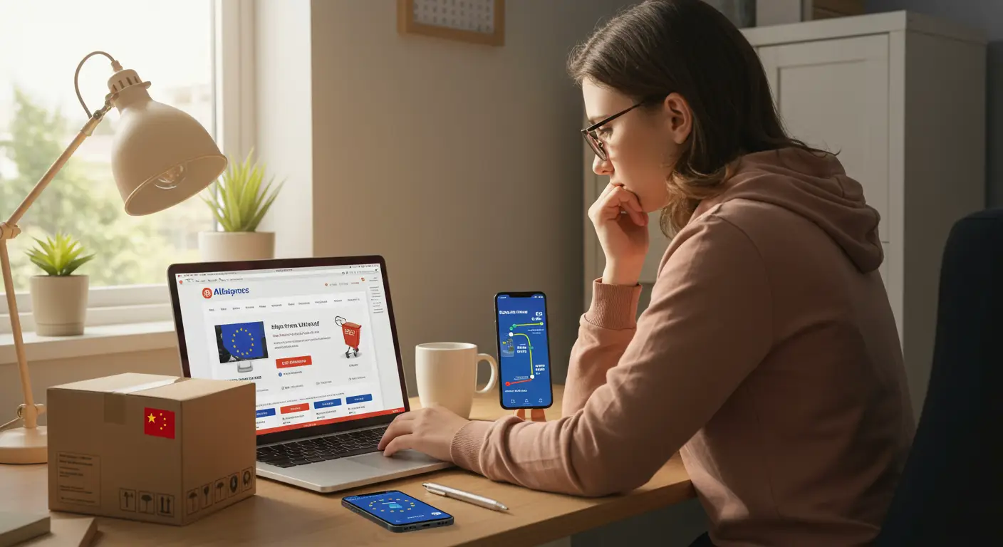 A person browsing the AliExpress website on a laptop, with a highlighted map of Europe and icons representing fast delivery trucks departing from EU warehouses.
