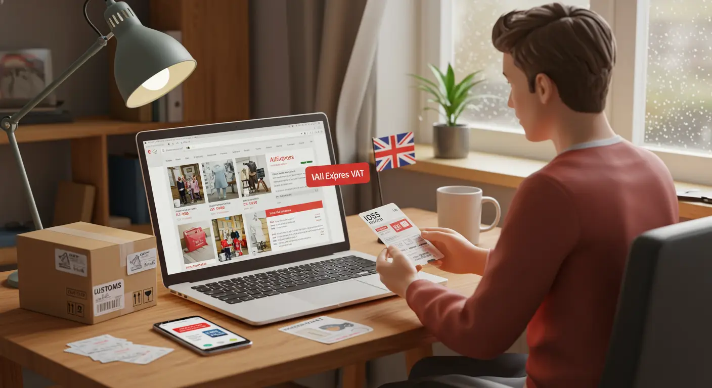 A person browsing the AliExpress website on a laptop, with a parcel and a UK flag in the background, symbolising questions about IOSS use for UK-bound orders.