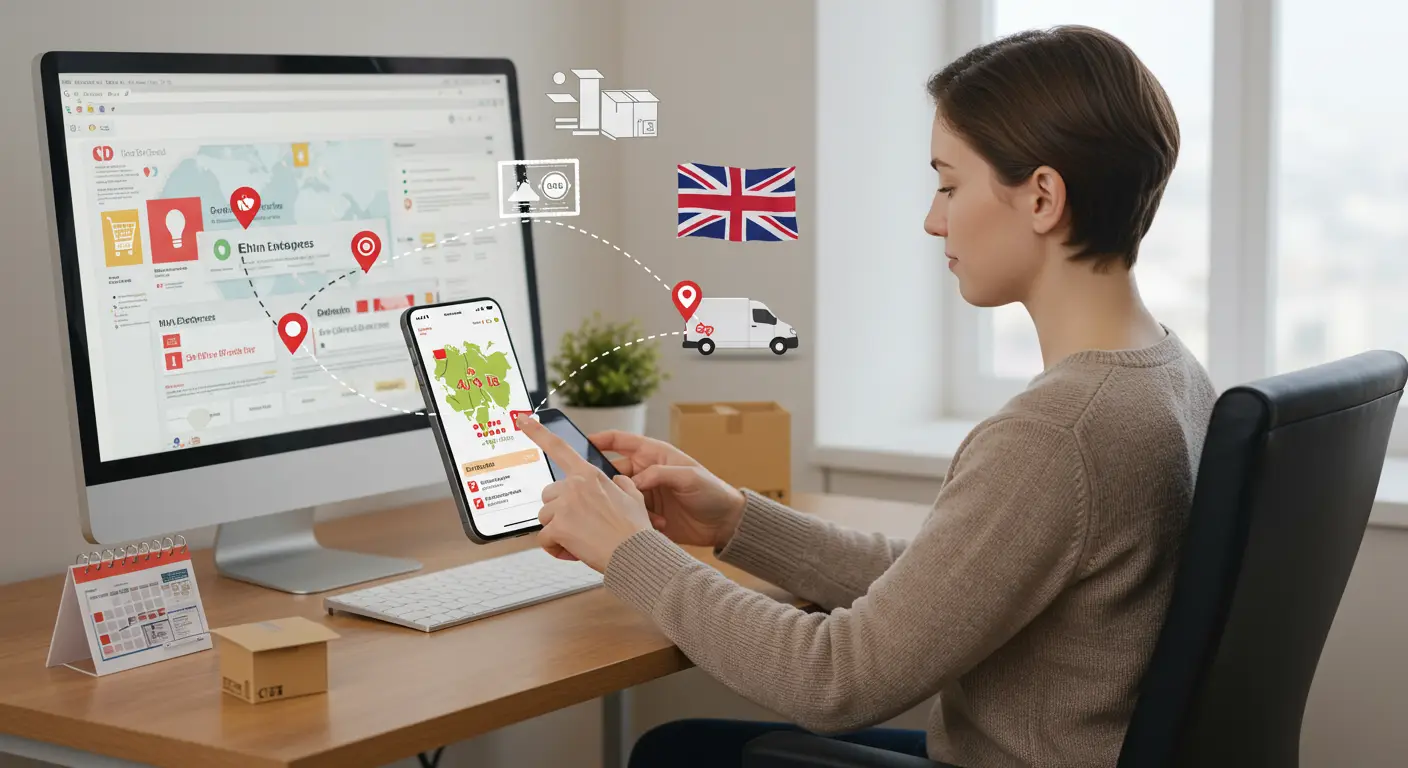 A person browsing the AliExpress website on a laptop, with a parcel and a miniature UK flag next to the computer, symbolising online shopping and international shipping to the UK.