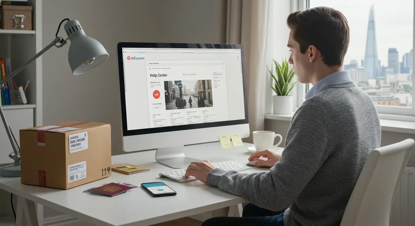 A person browsing the AliExpress website on a laptop, with a pop-up chat window open showing a conversation with customer support about VAT and customs issues.
