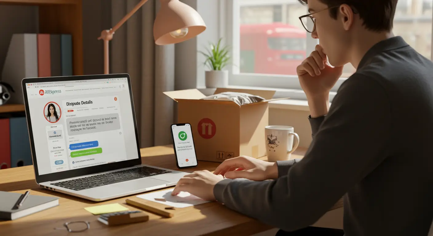 A person browsing the Aliexpress website on a laptop, with a pop-up message from a seller asking to cancel an open dispute, highlighting concerns about online shopping scams.