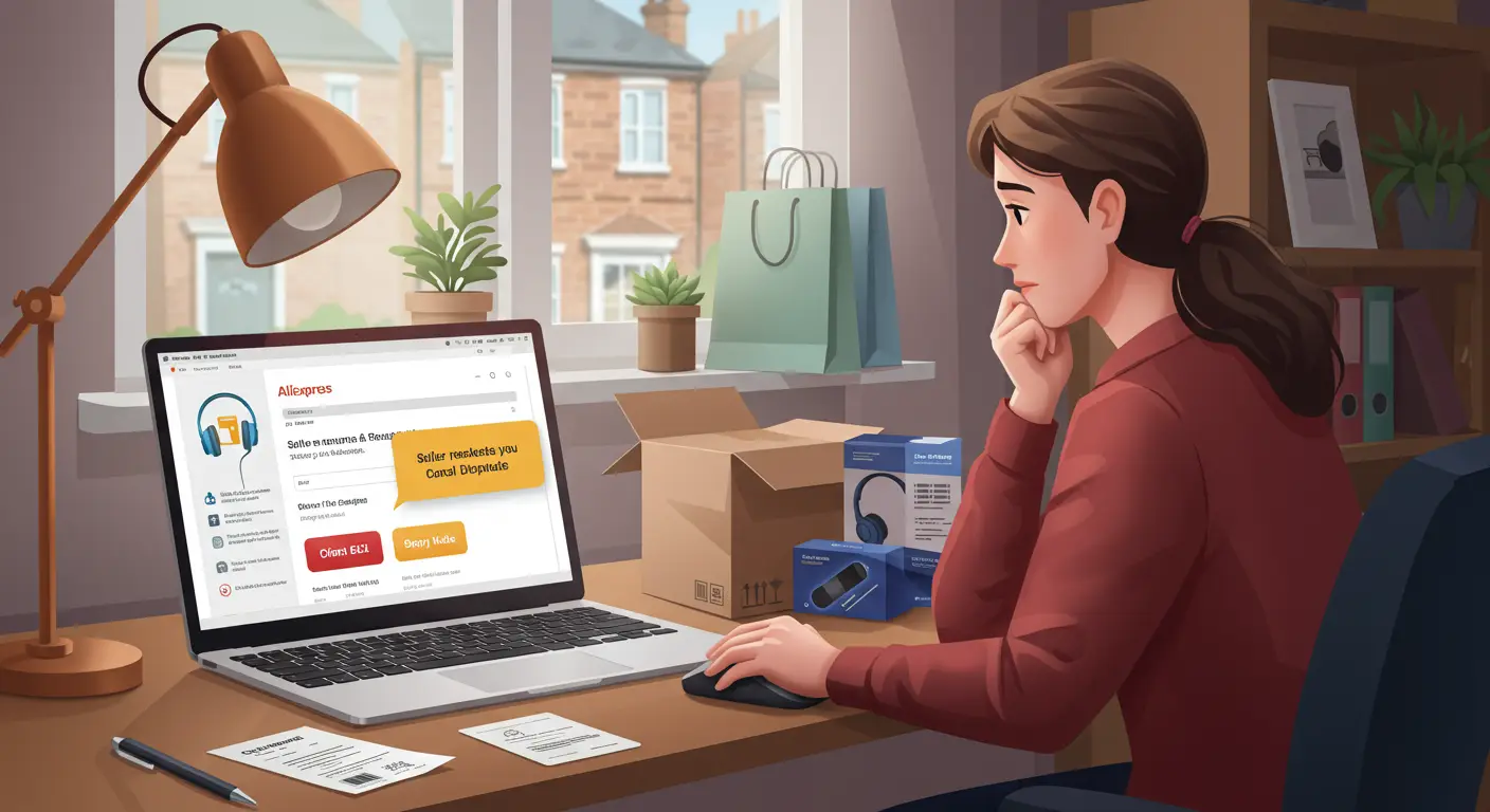 A person browsing the Aliexpress website on a laptop, with a popup message from a seller asking to cancel an ongoing dispute.