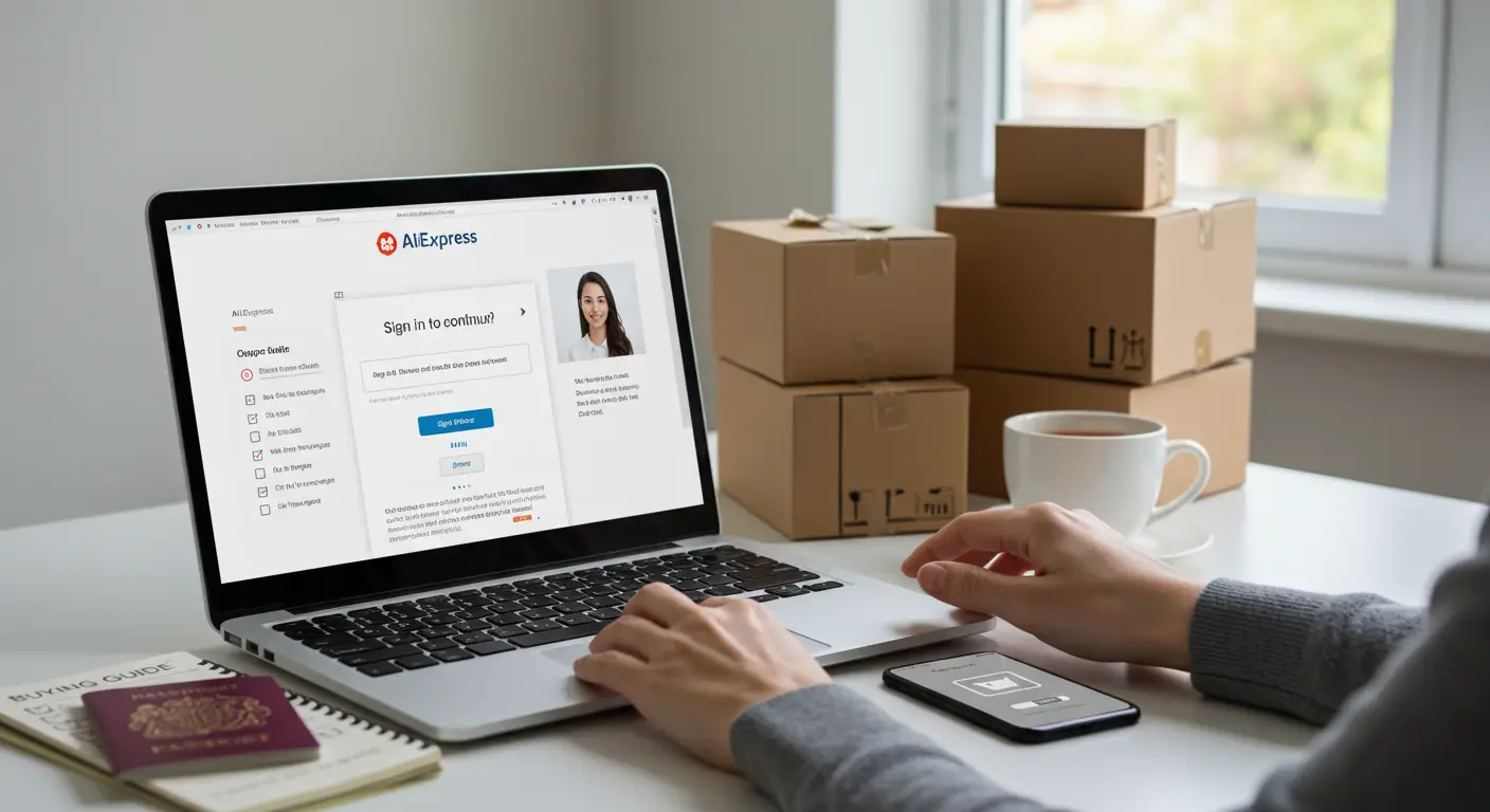 A person browsing the AliExpress website on a laptop, with a question mark icon displayed, suggesting uncertainty about shopping without an account.