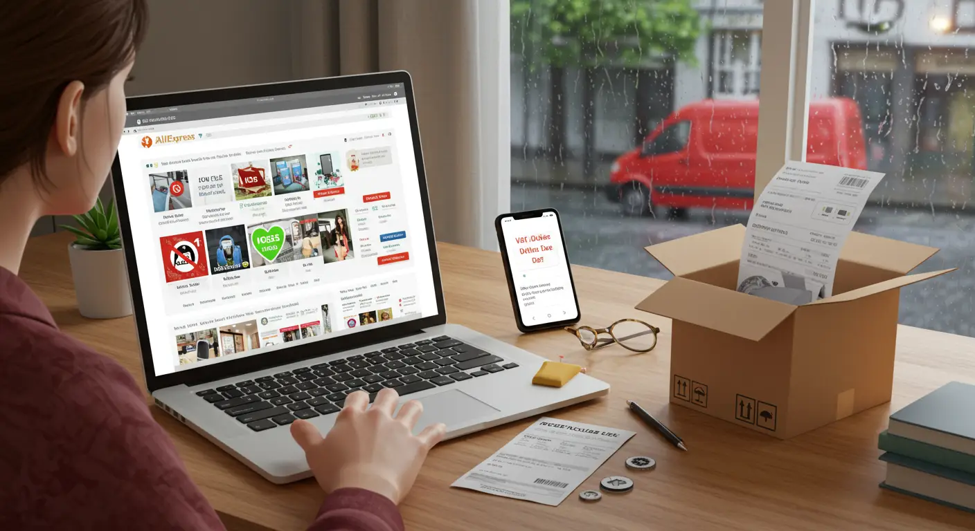 A person browsing the AliExpress website on a laptop, with a shopping cart icon and a UK flag displayed on the screen, highlighting concerns about IOSS for UK orders.