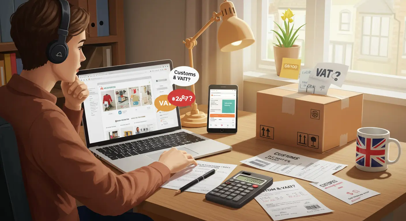 A person browsing the AliExpress website on a laptop, with a UK flag and a customs fee symbol displayed on the screen, questioning if customs fees apply to UK orders.