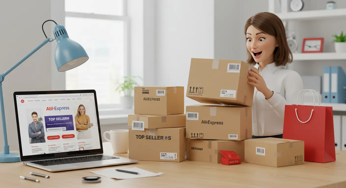 A person browsing the AliExpress website on a laptop, with highlighted icons indicating local UK return options and top-rated sellers.