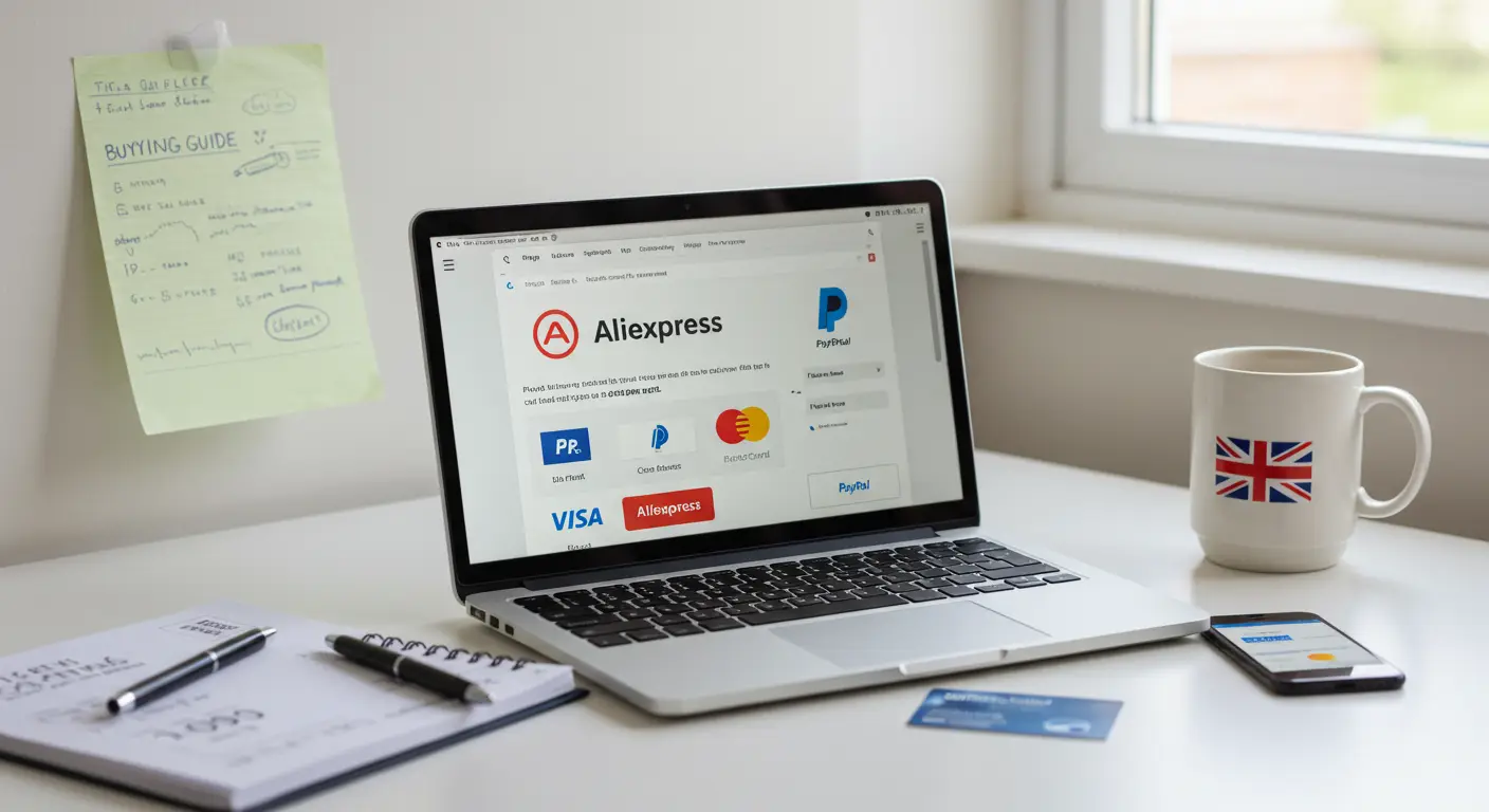 A person browsing the AliExpress website on a laptop, with icons representing different payment methods such as credit cards and PayPal displayed on the screen.