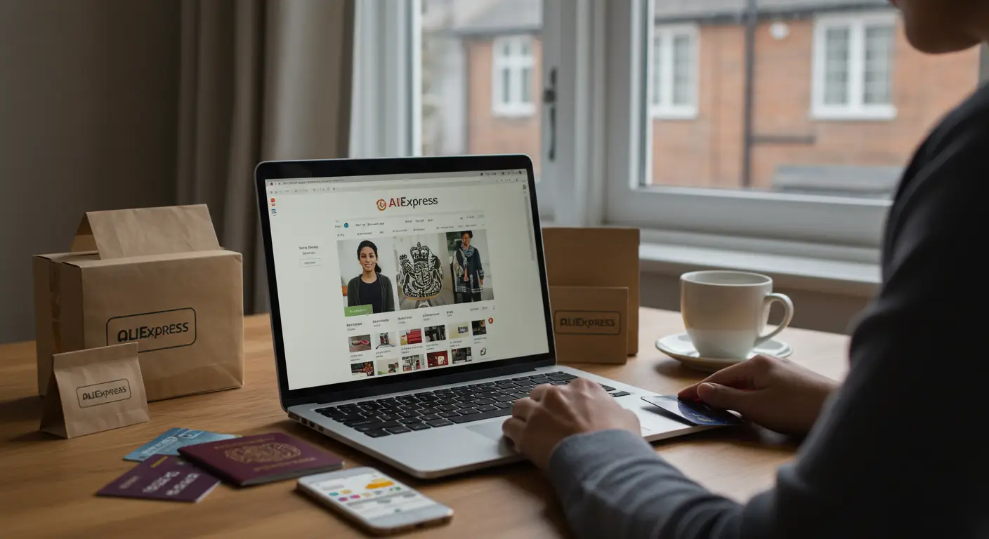 A person browsing the AliExpress website on a laptop, with shopping bags and a UK flag visible in the background, highlighting concerns about online shopping safety in the UK.