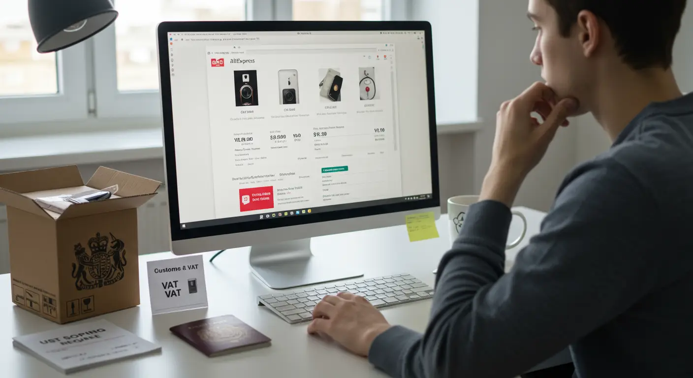A person browsing the AliExpress website on a laptop, with shopping bags and a UK flag visible, highlighting the topic of VAT on small online orders.