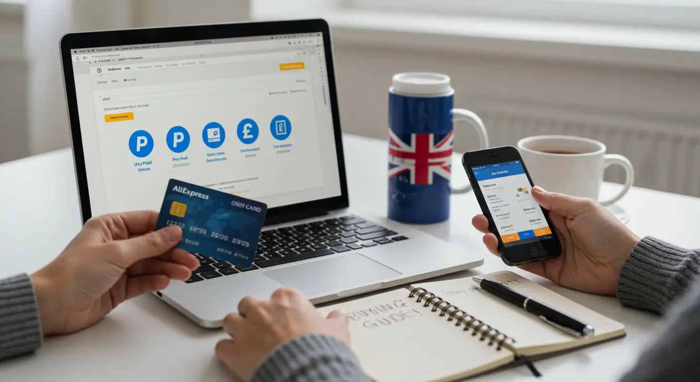 A person browsing the AliExpress website on a laptop, with various payment method icons like PayPal, bank card, and e-wallets displayed on the screen.