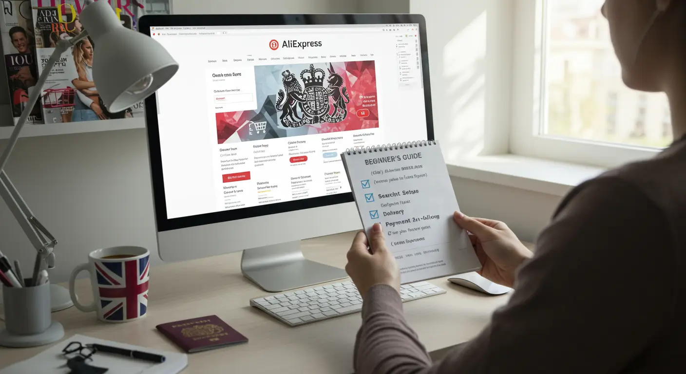 A person browsing the AliExpress website on a laptop, with various product listings and the UK flag visible on the screen, illustrating online shopping from the UK.