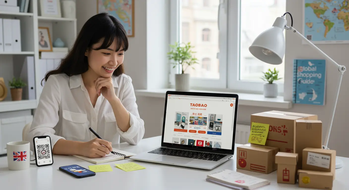 A person browsing the Taobao website on a laptop, with colourful product images and shopping icons visible on the screen.