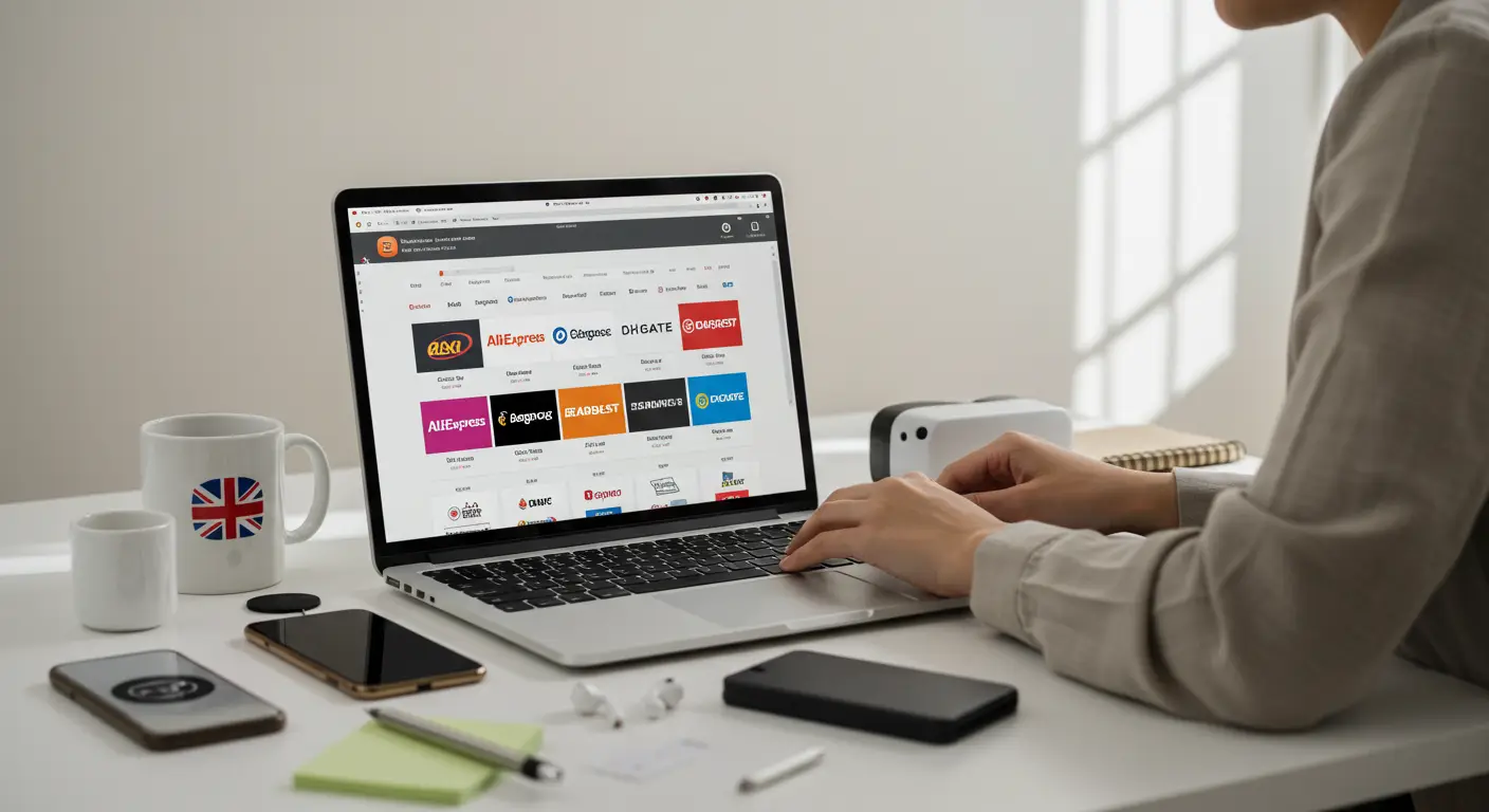 A person browsing various electronics and gadgets on a laptop, with popular online shopping site logos displayed on the screen.