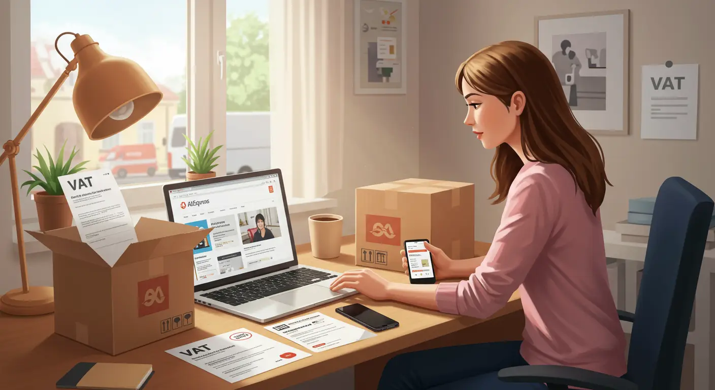 A person checking a delivery status on their smartphone while an Aliexpress package sits on a table, with a UK flag and customs documents in the background.