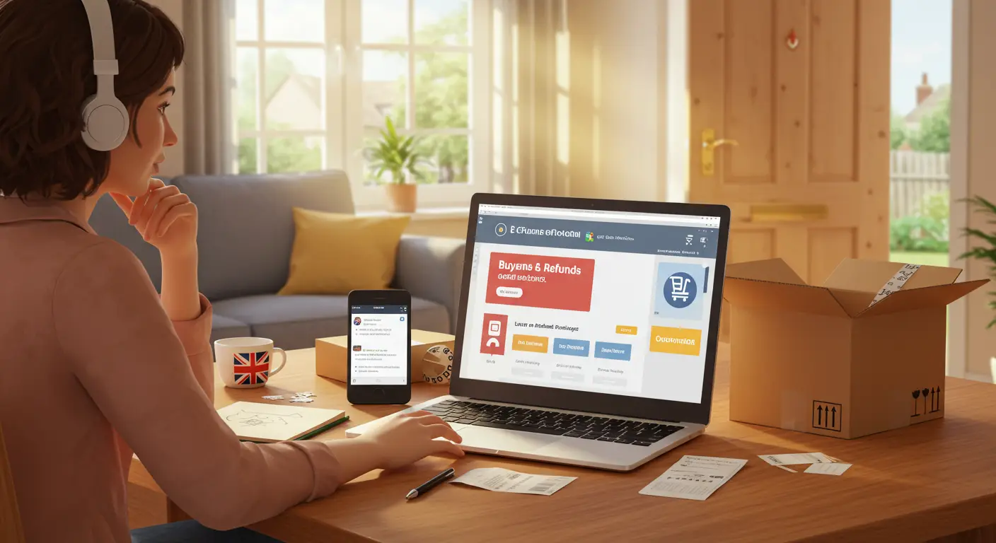 A person checking a lost parcel notification on their smartphone while shopping online, with a laptop and shopping bags on the table, highlighting concerns about buyer protection for missing packages.