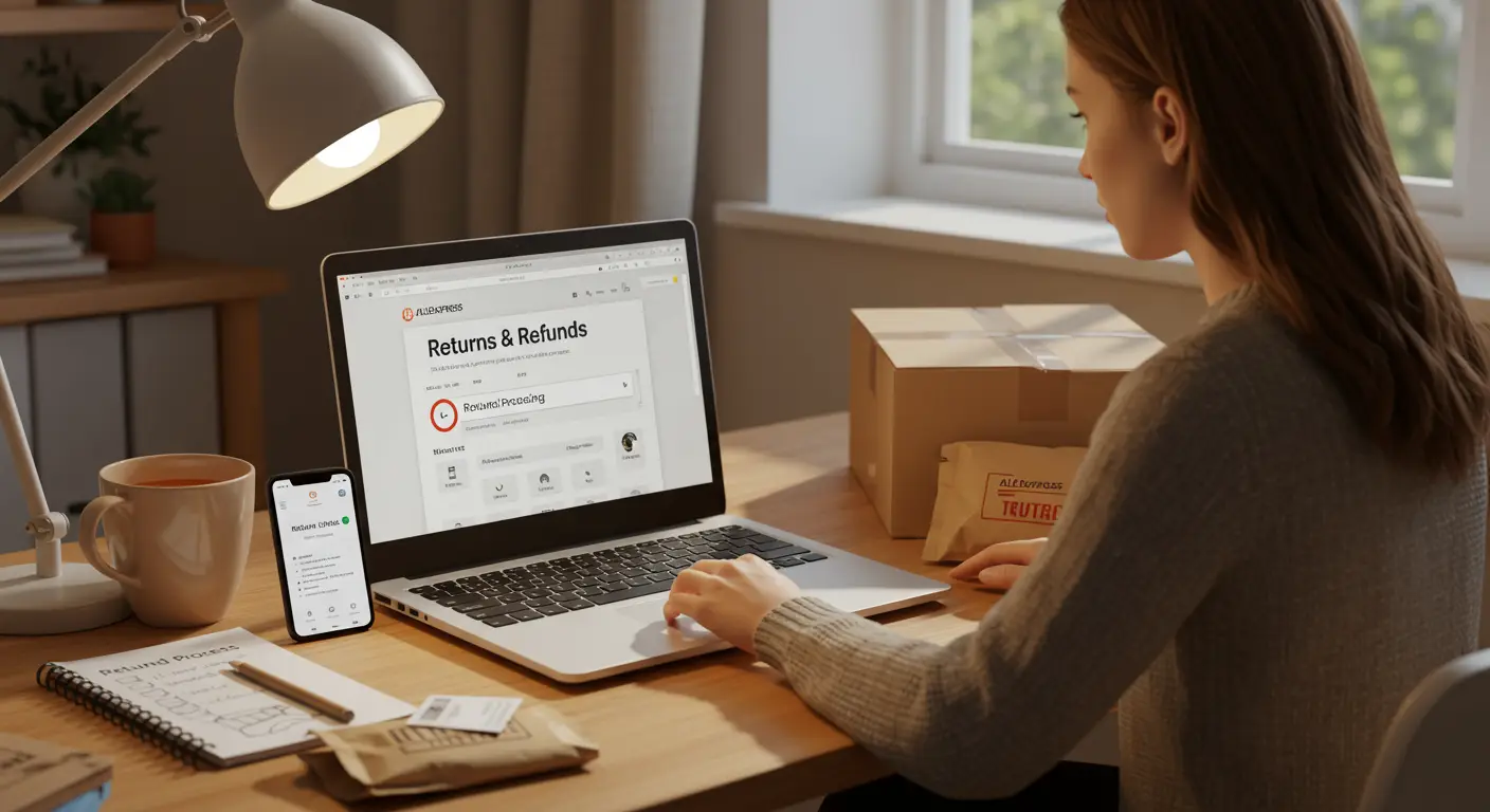 A person checking the status of their Aliexpress refund on a laptop, with the Aliexpress website and refund details visible on the screen.