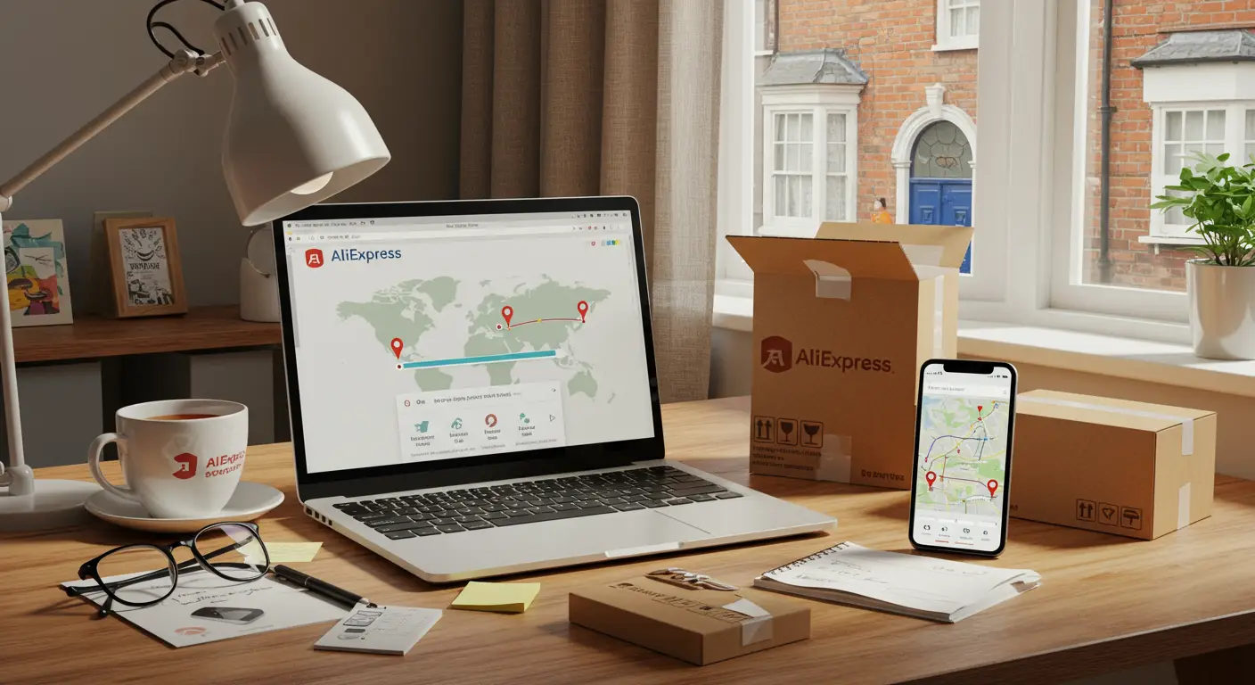 A person checking the tracking status of their AliExpress package to the UK on a laptop, with a parcel and smartphone nearby on the desk.